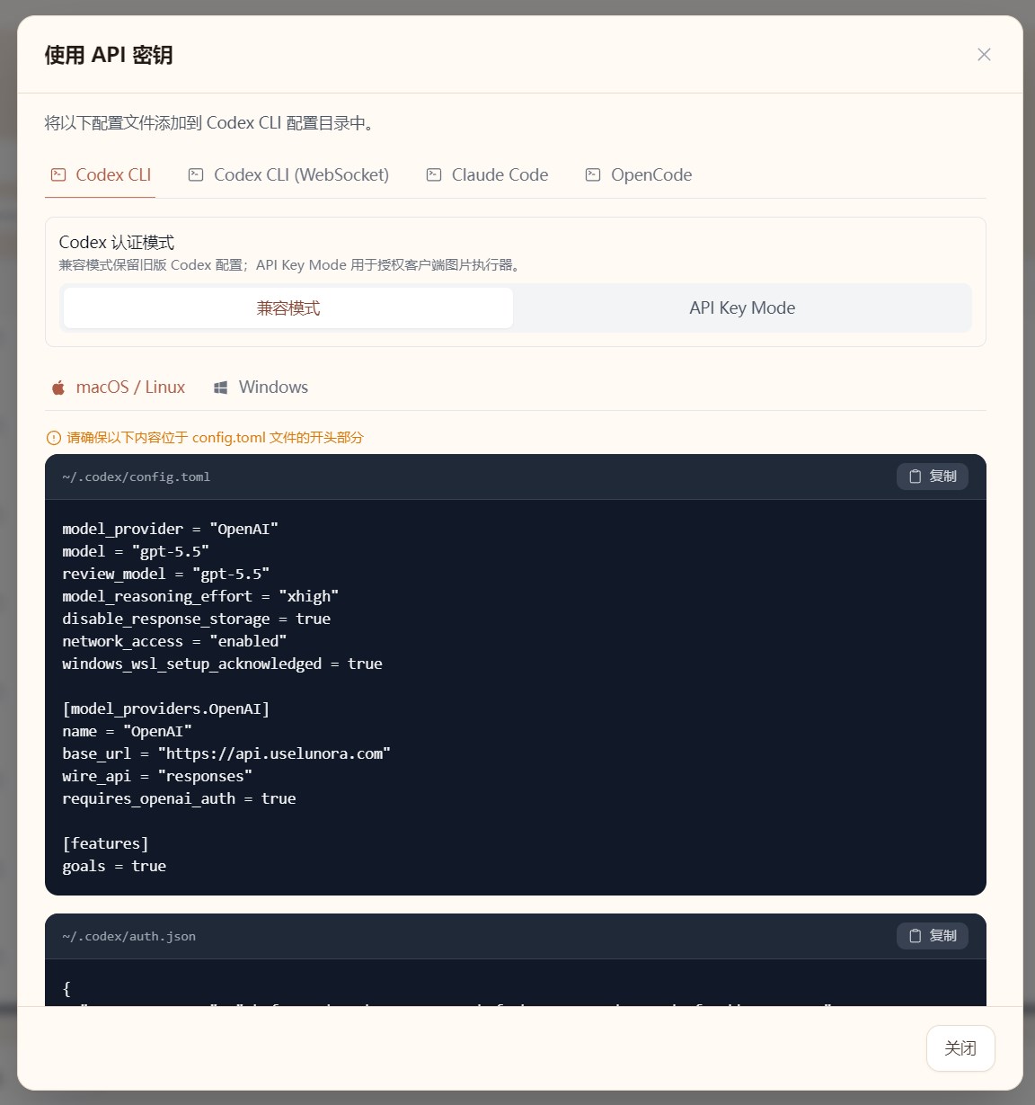 Lunora 使用密钥弹窗：Codex 配置