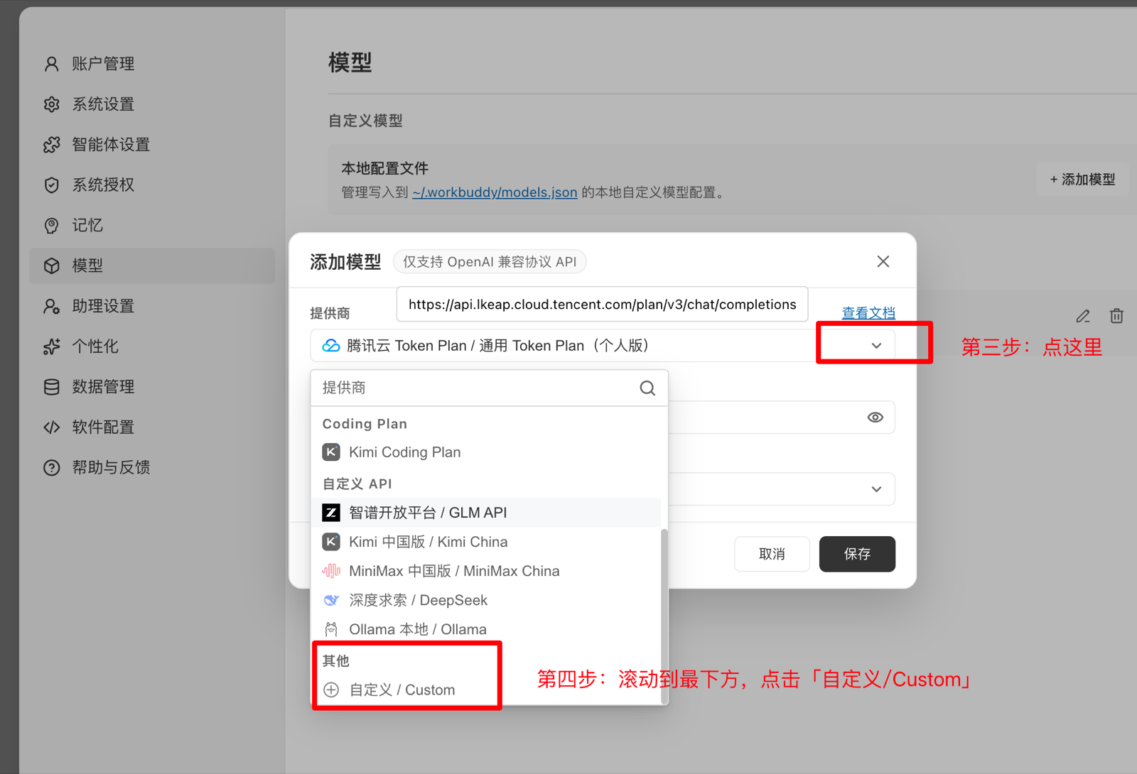 WorkBuddy：选择自定义 / Custom 提供商